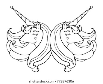 Unicorns. Magical animal. Vector artwork. Black and white. Coloring book pages for adults and kids. Love bohemian concept for wedding invitation card, ticket, branding, boutique logo, label.