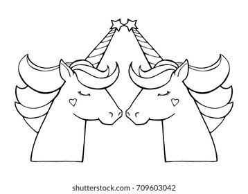 Unicorns. Magical animals. Vector artwork. Black and white. Coloring book pages for adults and kids. Love bohemia concept for wedding invitation card, ticket, branding, boutique logo, label.