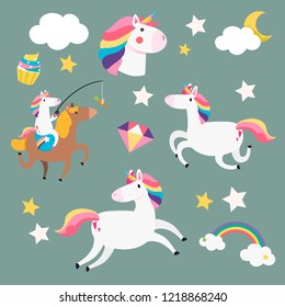 Unicorns and magical elements vector