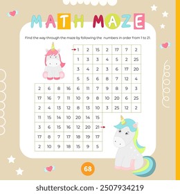 Unicorns math activities for kids. Math maze game. Find the way through labyrinth by following the numbers in correct order. Vector illustration. Square page for Activity Book.