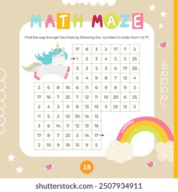 Unicorns math activities for kids. Math maze game. Find the way through labyrinth by following the numbers in correct order. Vector illustration. Square page for Activity Book.