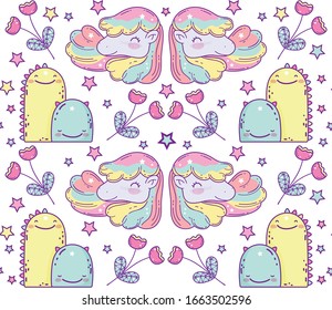 unicorns and monsters cartoons background design, magic fantasy fairytale childhood animal fairy wild cute and lovely theme Vector illustration