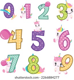 Unicorns Numbers Clipart Set, Vector Bundle



