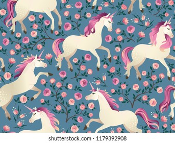 Unicorns on background with fairy forest. Seamless pattern.