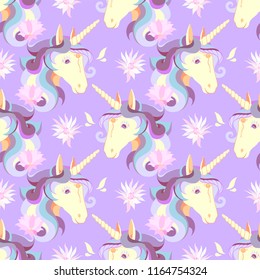 Unicorns on a blue background.Hand drawn illustration.Seamless pattern.