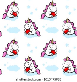 Unicorns on a cloud holds a big hearts. Kawaii seamless pattern for you design.