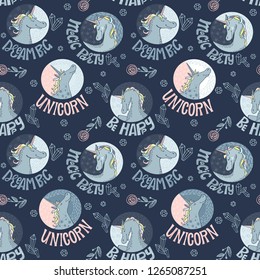Unicorns on a dark background with lettering and stars. Seamless pattern. 