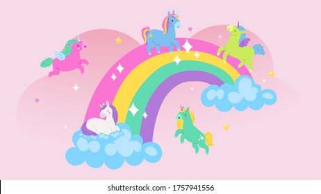 Unicorns on rainbow, children s poster, cute fantasy world, colorful pink background, design, cartoon style vector illustration. Fabulous animals, sky with blue clouds, funny, funny poster for print.