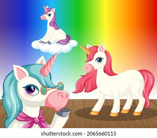 Unicorns on rainbow gradient background illustration