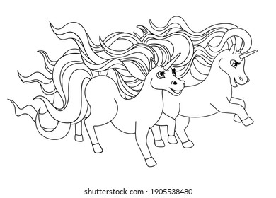 Unicorns. Pair of running unicorns. Outline drawing, lines for coloring, black and white illustration for children s drawing. Vector cartoon design.