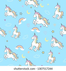 Unicorns pastel colored and rainbow decorated seamless patterns