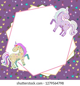 Unicorns in pastel colors on the background of hearts. Vector graphics. Abstract frame on lilac background. Illustration for Valentine s Day.