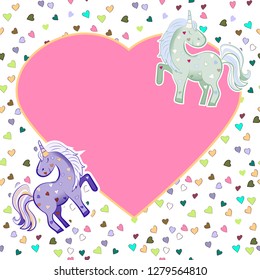 Unicorns in pastel colors on the background of hearts. Vector graphics. Heart-shaped pink frame. Illustration for Valentine s Day.