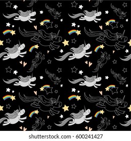 Unicorns pattern. Rainbow and stars in the sky