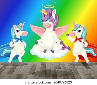 Unicorns and pegasus on rainbow gradient background illustration