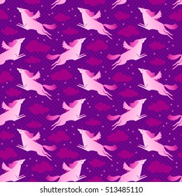 Unicorns pink and violet seamless pattern with sky and stars flat vector illustration