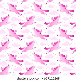 Unicorns pink and white seamless pattern with clouds and stars flat vector illustration