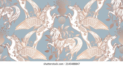 Unicorns, plants and hearts. Animal seamless pattern. Vector illustration. Vintage engraving. White and gold background. Template for wallpaper, paper, textile.