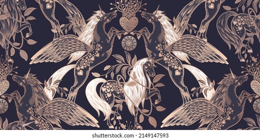 Unicorns, plants and hearts. Animal seamless pattern. Vector illustration. Vintage engraving. Black and gold background. Template for wallpaper, paper, textile.