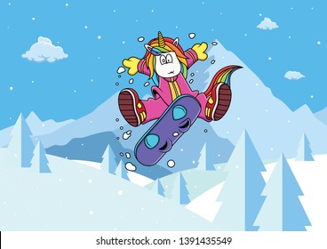 Unicorns play snowboarding in snow with mountain background