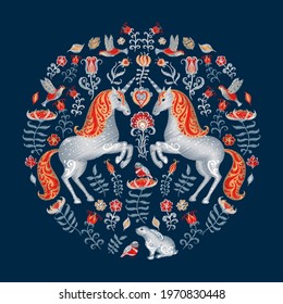 Unicorns, rabbits, hummingbirds, flowers. Stylized embroidery round composition on a blue background. Folk art style. Design for embroidery, for T-shirts, stickers, emblems, postcards.