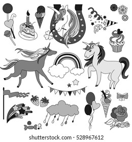 Unicorns with rainbow, clouds and flags in black  white.