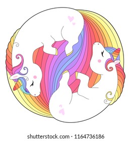 Unicorns with rainbow hair. Cute white sleep unicorns  with rainbow hair isolated on white. Print for t-shirts,  baby shower and bags. Kids design element