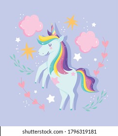 unicorns with rainbow mane clouds stars floral fantasy cartoon vector illustration