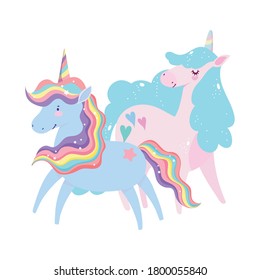 unicorns rainbow mane fantasy magic lovely cartoon vector illustration