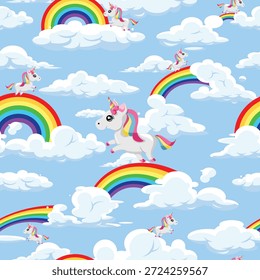 Unicornios, arcoíris y nubes Diseño de patrón de repetición textil inconsútil lindo y mágico de la infancia
