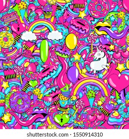 unicorns, rainbows, donuts and sweets. fairy seamless pattern. Texture for fabric, wrapping, wallpaper. Decorative print.