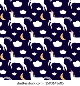 Unicorns and rainbows seamless pattern, nursery background.
