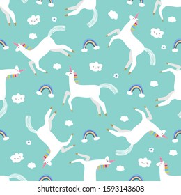 Unicorns and rainbows seamless pattern, nursery background.