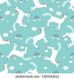 Unicorns and rainbows seamless pattern, nursery background.