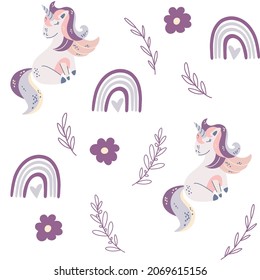 Unicorns and rainbows seamless pattern. Perfect for kids wallpaper for fabric, textile, clothes, paper, scrapbooking, planner, sticker, nursery. Hand Draw Vector illustration.