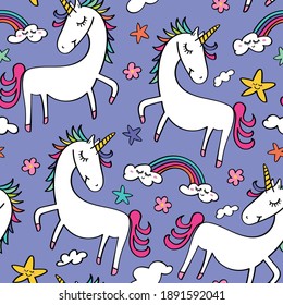 Unicorns and rainbows seamless repeating pattern texture background design for fashion fabrics, textile graphics, prints etc