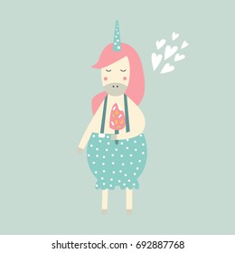 Unicorns are real - cute magic vector illustration. Unicorn girl with ice cream on white background.