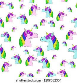 Unicorns seamless pattern, colorful texture, unicorn fabric, textile, on white, stock vector illustration.