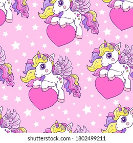 Unicorns seamless pattern with hearts on a pink background. For children's design of wallpapers, fabrics, backgrounds, wrapping paper, etc. Vector