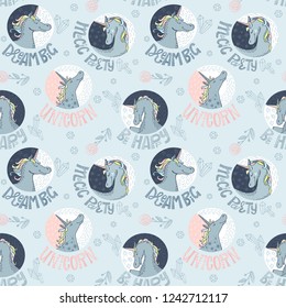 Unicorns seamless pattern. Unicorns lettering.
