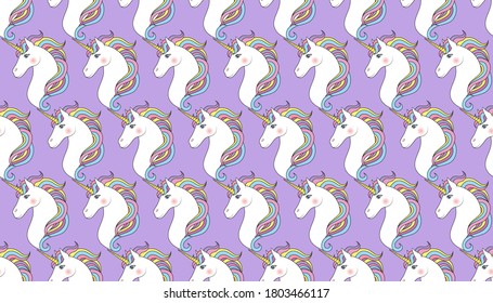 Unicorns seamless pattern on purple background, vector illustration.