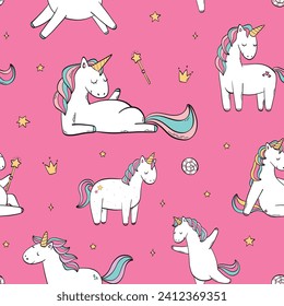 Patrón transparente de Unicornios. Repetir la impresión superficial con unicornios bonitos sobre fondo rosado para papel de pared infantil, papel de envoltura, impresiones textiles, papel estacionario, reserva de recortes, etc. EPS 10