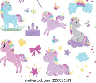 Unicorns seamless pattern. Repeating design element for printing on fabric. Fairy tale, imagination, dream and fantasy. Tenderness and love. Magic and sorcery. Cartoon flat vector illustration