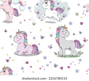 Unicorns seamless pattern. Repeating design element for printing on fabric. Fairy tale, imagination and fantasy, rainbow pony. Fictional character, magic and sorcery. Cartoon flat vector illustration