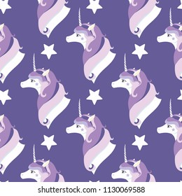 Unicorns seamless pattern. Seamless vector pattern with cute unicorns and stars. Perfect for fabric, wallpaper, wrapping paper or nursery decor.
