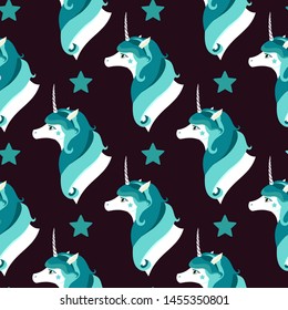 Unicorns seamless pattern. Seamless vector pattern with cute unicorns and stars. Perfect for fabric, wallpaper, wrapping paper or nursery decor.