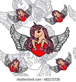 Unicorns seamless pattern. Vector elements for design. Baby background. Unicorn with heart. Best for valentines day