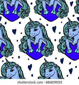 Unicorns seamless pattern. Vector elements for design. Baby background. Unicorn with heart. Best for valentines day