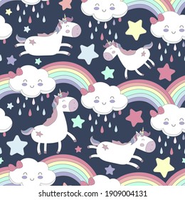 Unicorns seamless pattern.Magic vector background with unicorns,clouds,rainbows and stars.Cute kids design with unicorns