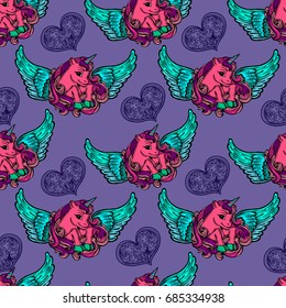 Unicorns seamless pattern.Vector elements for design. Baby background.Creative idea of design of children's products, toys, invitations,.Decal, print, tattoo.Fairy-tale horse fulfilling dreams